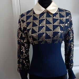 VINTAGE Elegant Navy and Gold Sequin Women's Top